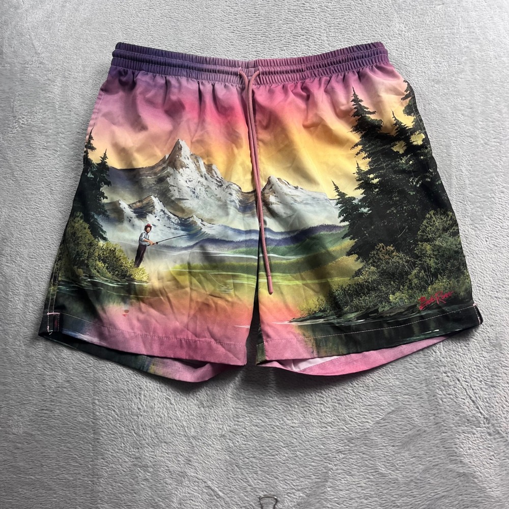 RSVLTS x Bob Ross Mens Swim Trunks Large Mountain Lake Sunset Scenic Shorts L